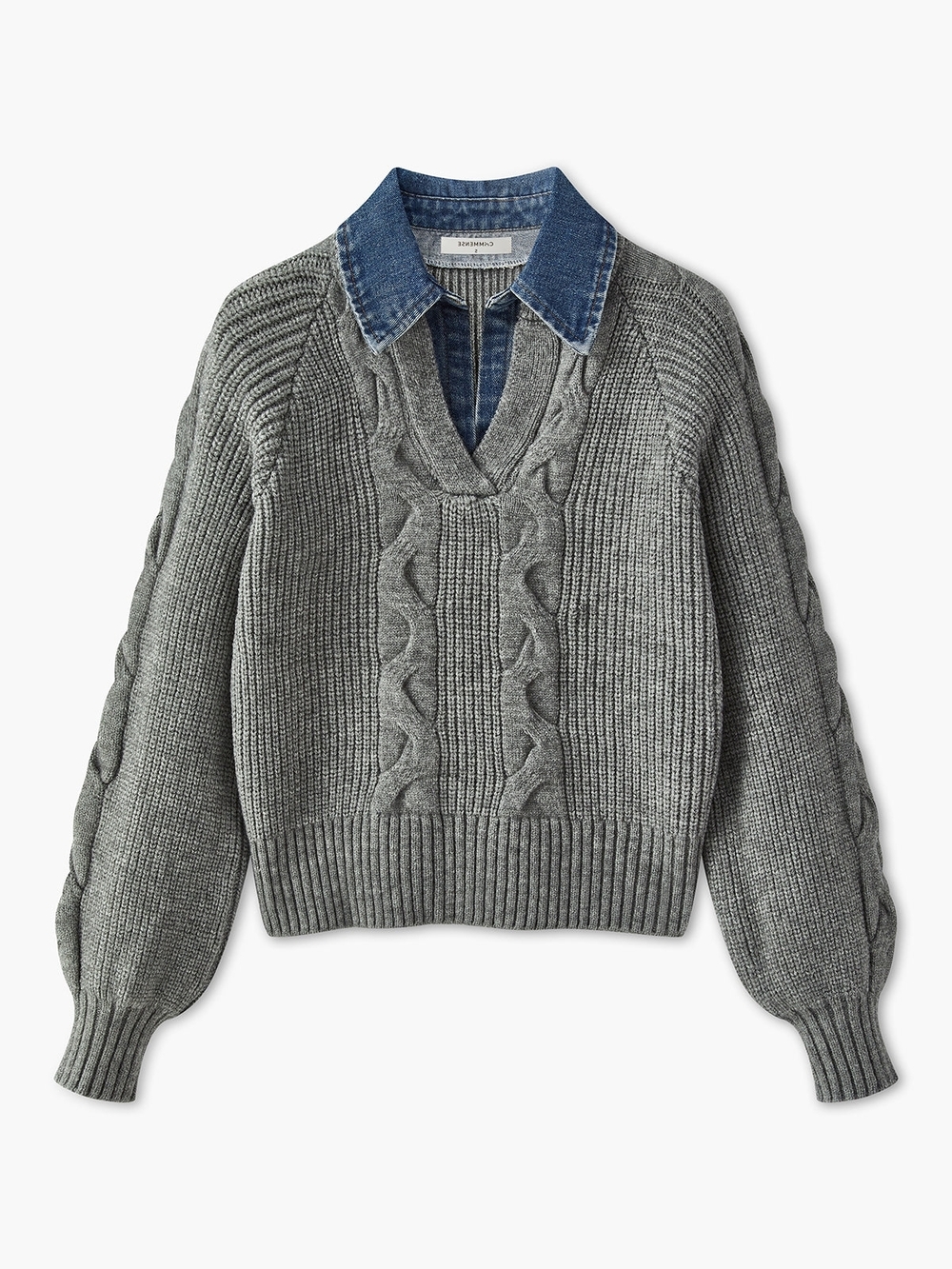 Commense Cable Knit V-Neck Sweater with Denim Collar - Gray